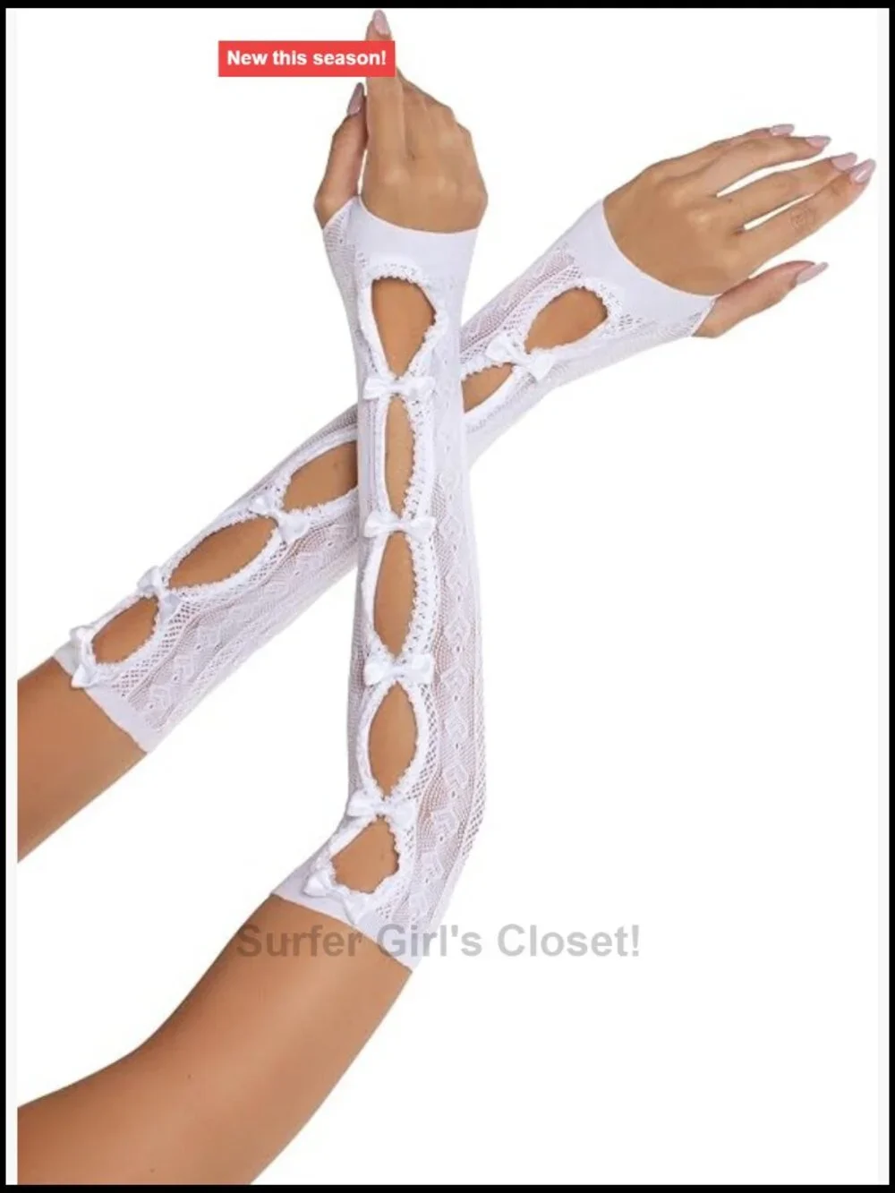 Striped Fishnet Keyhole Arm Warmers With Mini Bows